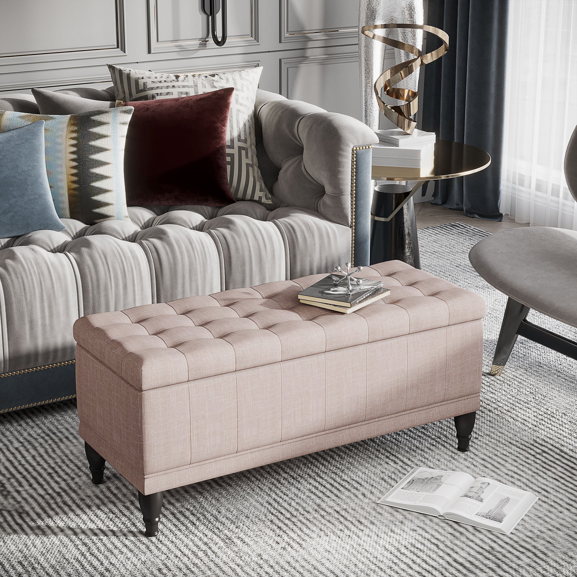 Storage Ottoman, Linen Fabric Button Tufted Storage Bench with Soft Close Lid for Living Room, Entryway or Bedroom, Beige