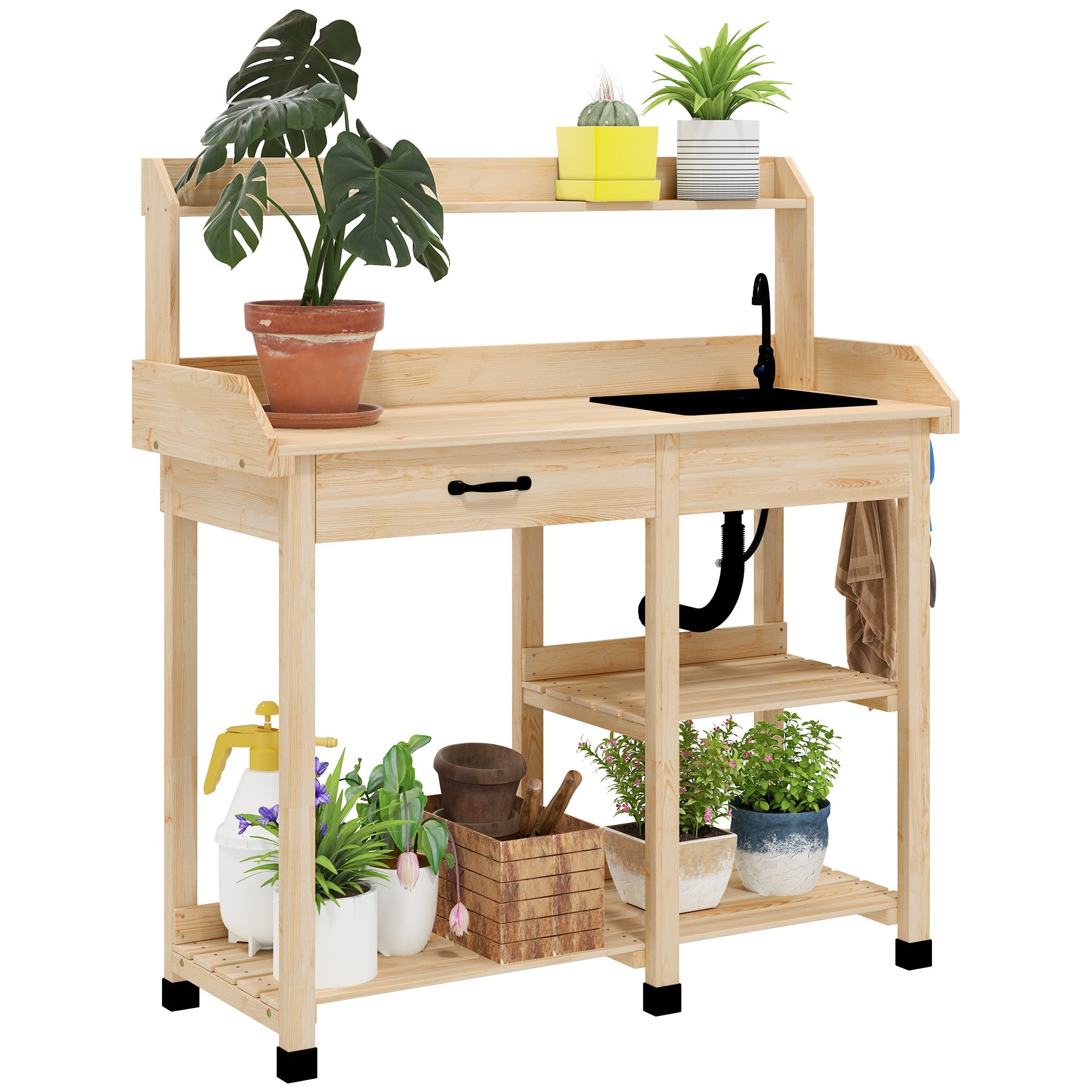 Potting Bench Table, Outdoor Garden Table Wooden Work Station with Removable Sink, Faucet, Drawer, Shelves, Hooks, Natural Wood - Natural Wood