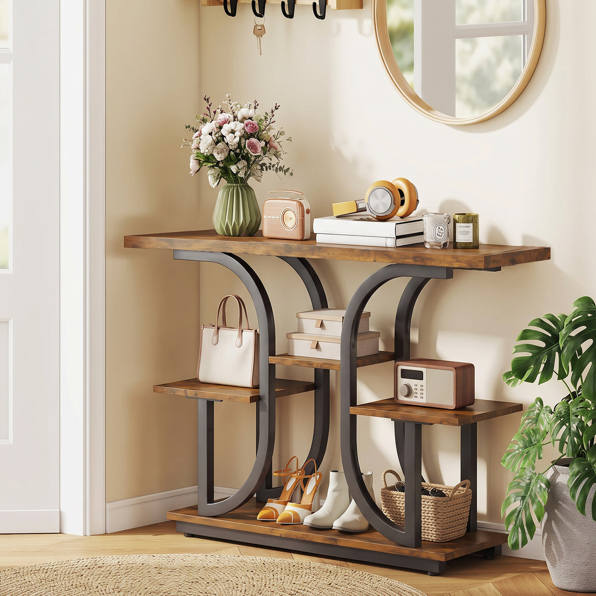 42.5" Modern Console Table, 3-Tier Narrow Entryway Table with Open Storage Shelves for Entryway, Rustic Brown