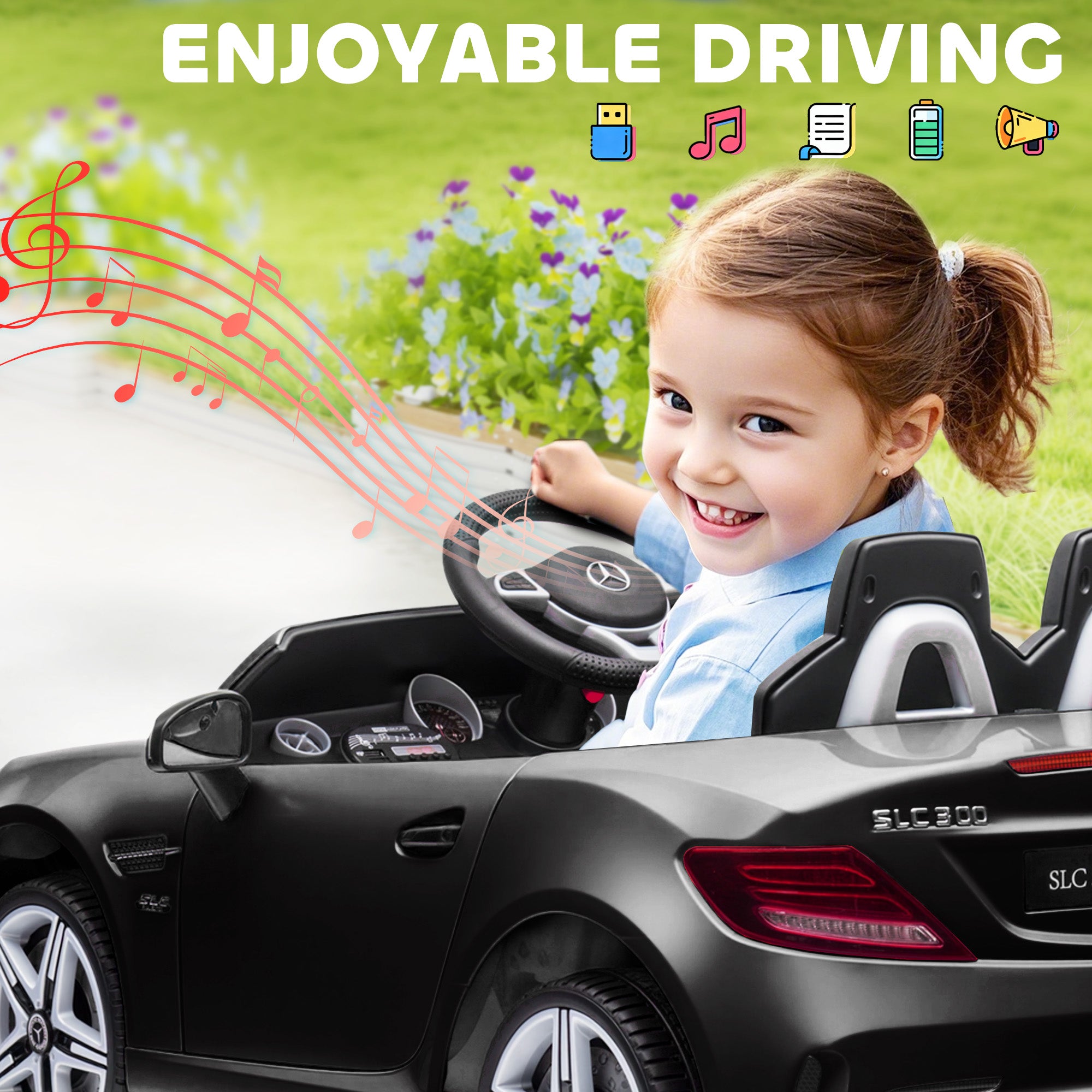 Mercedes SLC 300 Licensed Kids Electric Car with Remote Control, 12V Battery Powered Kids Ride on Car with Music, Lights, Suspension for 3-6 Years Old, Black