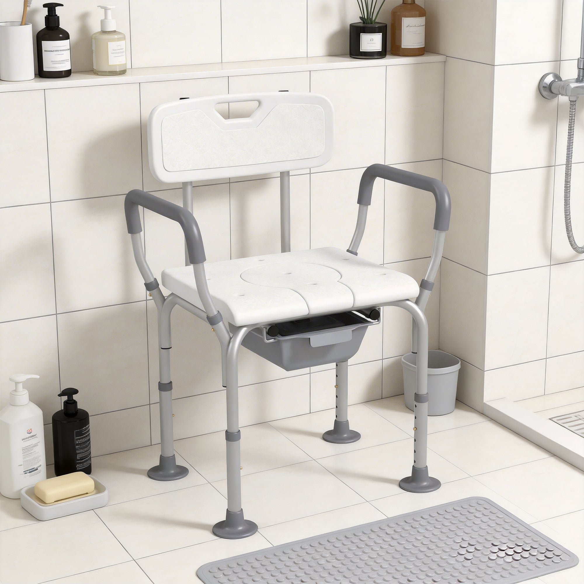 3-in-1 Shower Chair with Back and Arms, Height Adjustable Bedside Commode, Raised Toilet Seat with Non-Slip Rubber Foot Pad for Seniors, Disabled, White