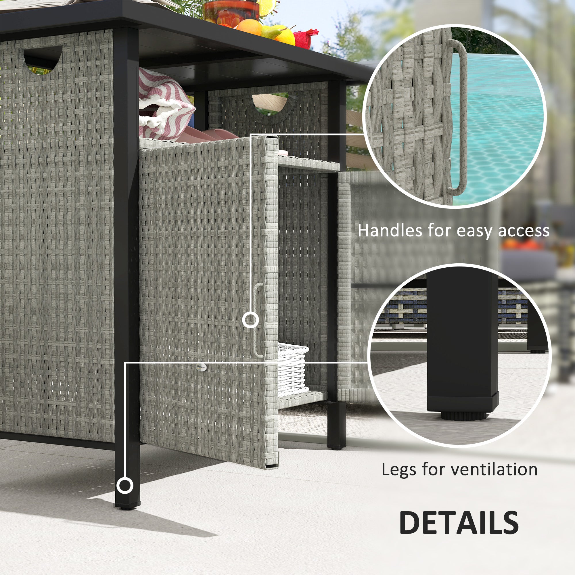Outdoor Pool Towel Storage Cabinet Organizer, Outdoor Bar Table with Shelf and Cabinet, Pool Towel Holder Pool Valet with Weather-Resistant PE Rattan and Steel Frame, Gray - Gray - Image 6