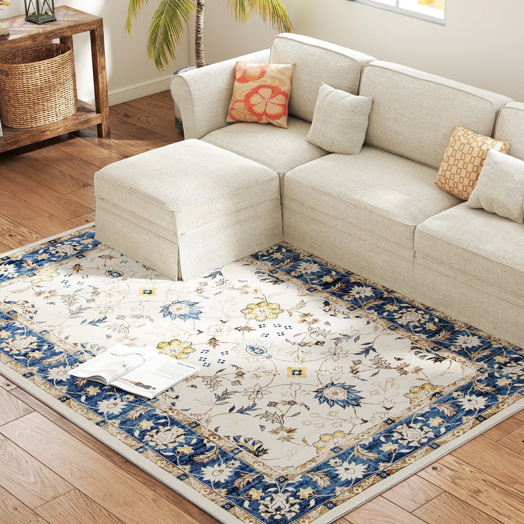 Machine Washable Area Rug 5x7, Non-Slip Boho Floral Print Floor Carpet for Living Room, Bedroom, Dining Room, Blue