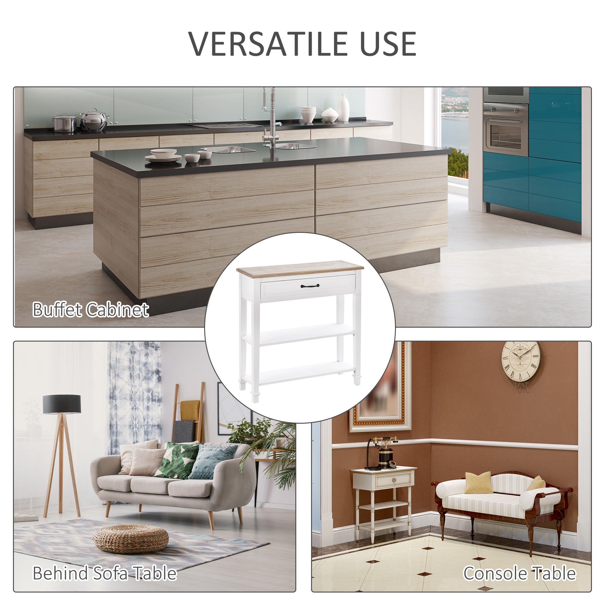 Modern Style Sofa Console Entry Hallway Table with Drawer and Shelves, Sturdy Build, and Large Storage, White