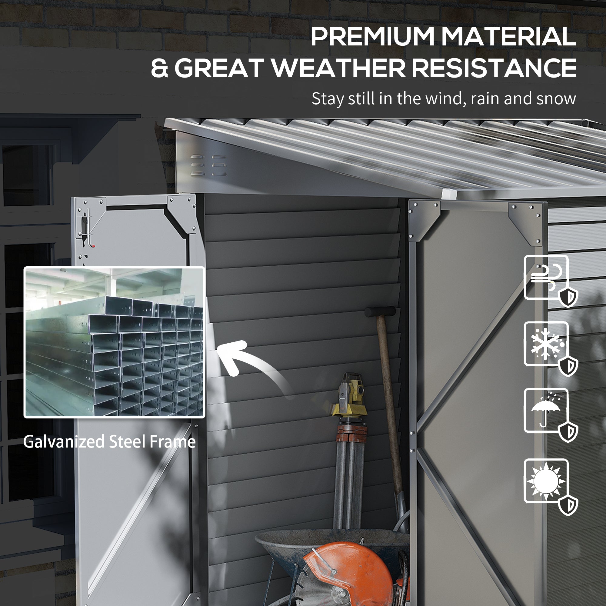 4.6' x 9' Outdoor Storage Shed, Lean to Metal Shed with Foundation Kit, Lockable Doors and Gloves for Patio, Lawn, Gray - Gray - Image 5