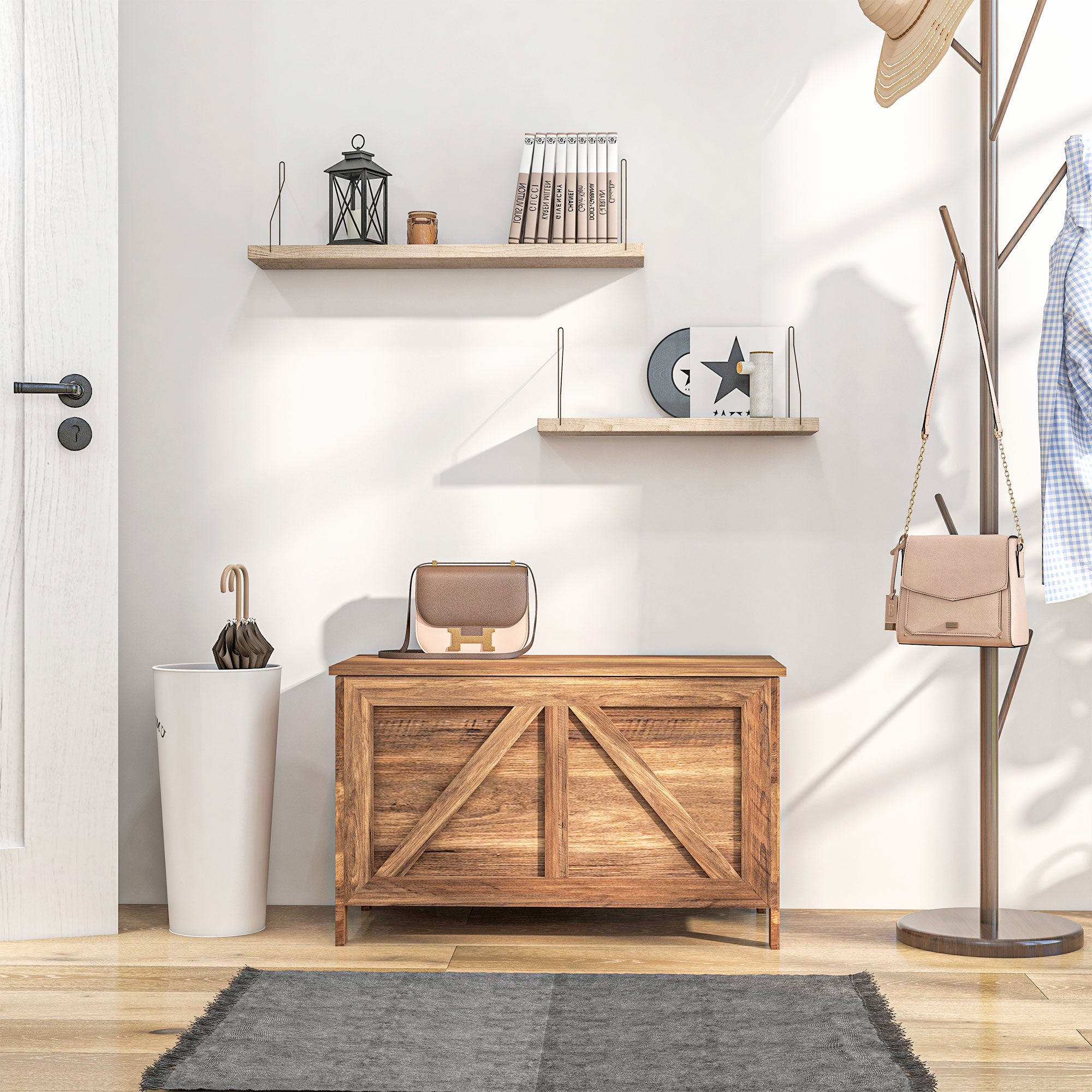 Storage Chest, Farmhouse Lift Top Box Organizer with Safety Hinge, for Bedroom, Entryway, Living Room, Brown Oak