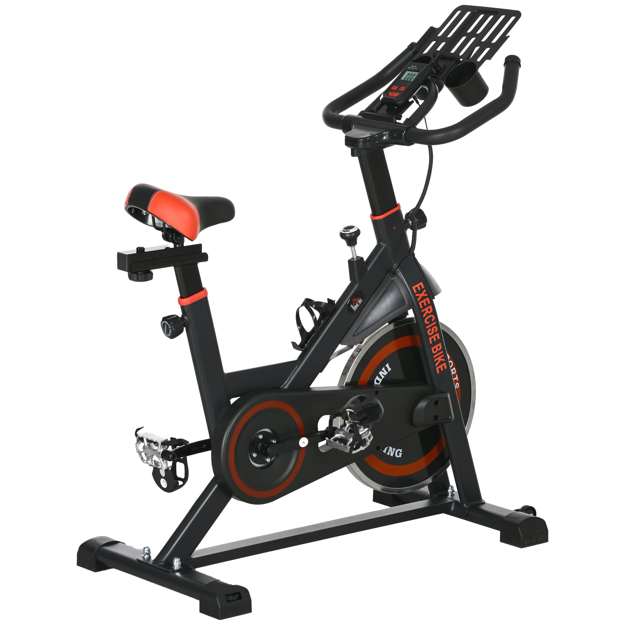 Exercise Bike, Flywheel Indoor Stationary Bike, Adjustable Height and Resistance, with LCD Monitor, Comfortable Seat Cushion, 264 lbs Capacity, Black and Red