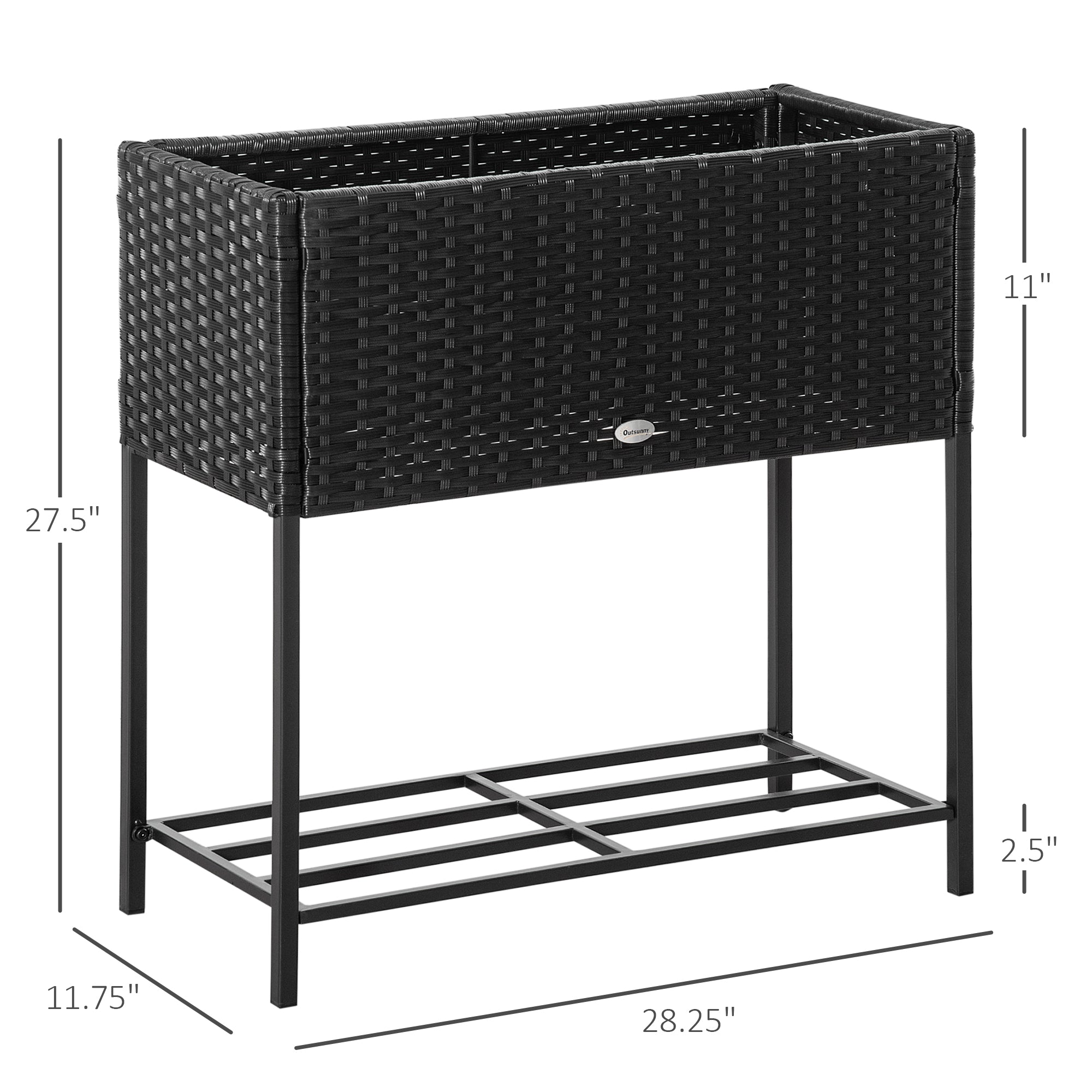 PE Rattan Wicker Raised Flower & Vegetable Planter, Rack Shelf Box - Black - Image 3
