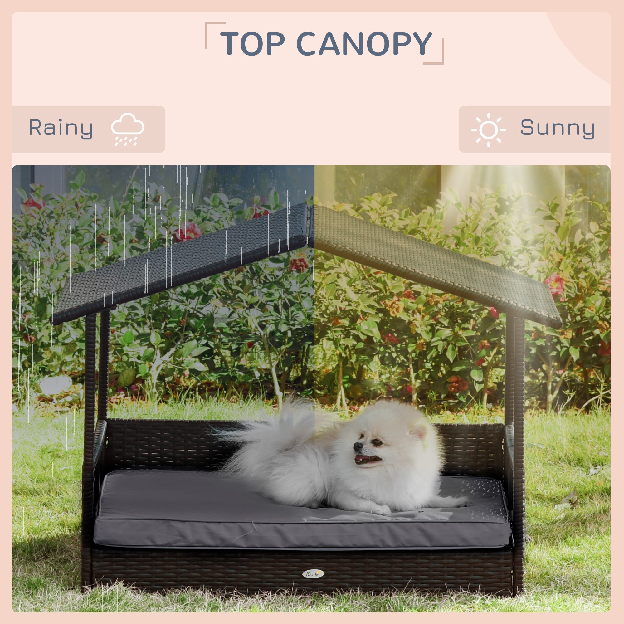 Wicker Dog House Outdoor with Canopy, Rattan Dog Bed with Water-resistant Cushion, Raised Pet Bed for Small, Medium Breeds up to 66 lbs, 20" in Length, Brown Wicker, Gray Cushion - Grey - Image 6