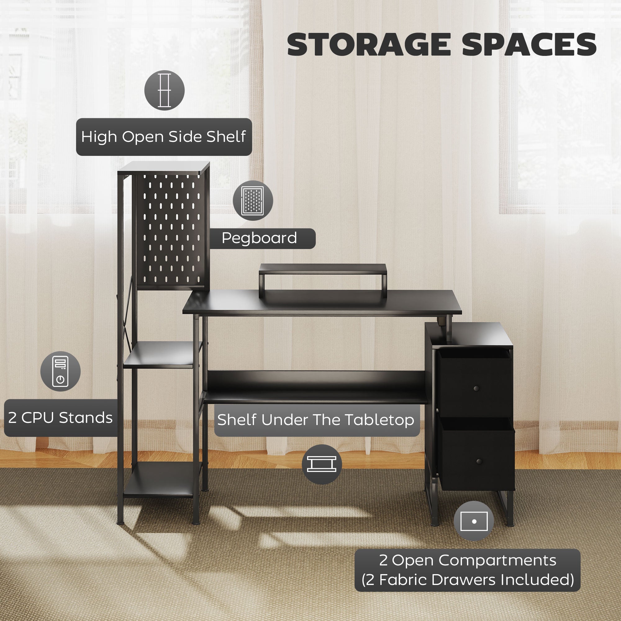 56" Computer Desk with Storage, Computer Table with Power Outlets and LED Lights, Black