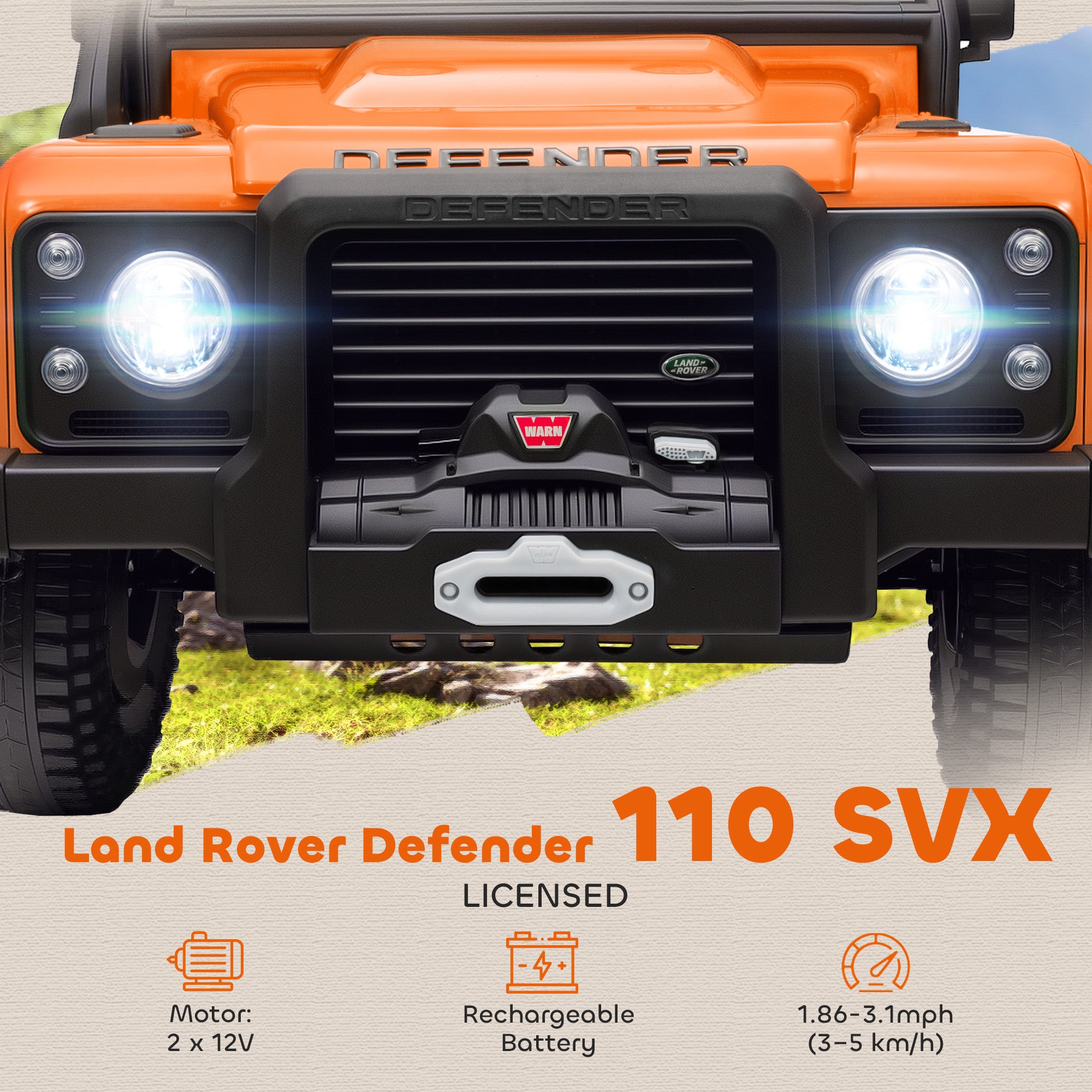 Land Rover Licensed Electric Car for Kids with Remote Control, Dual Motors, Spring Suspension, LED Lights, Orange