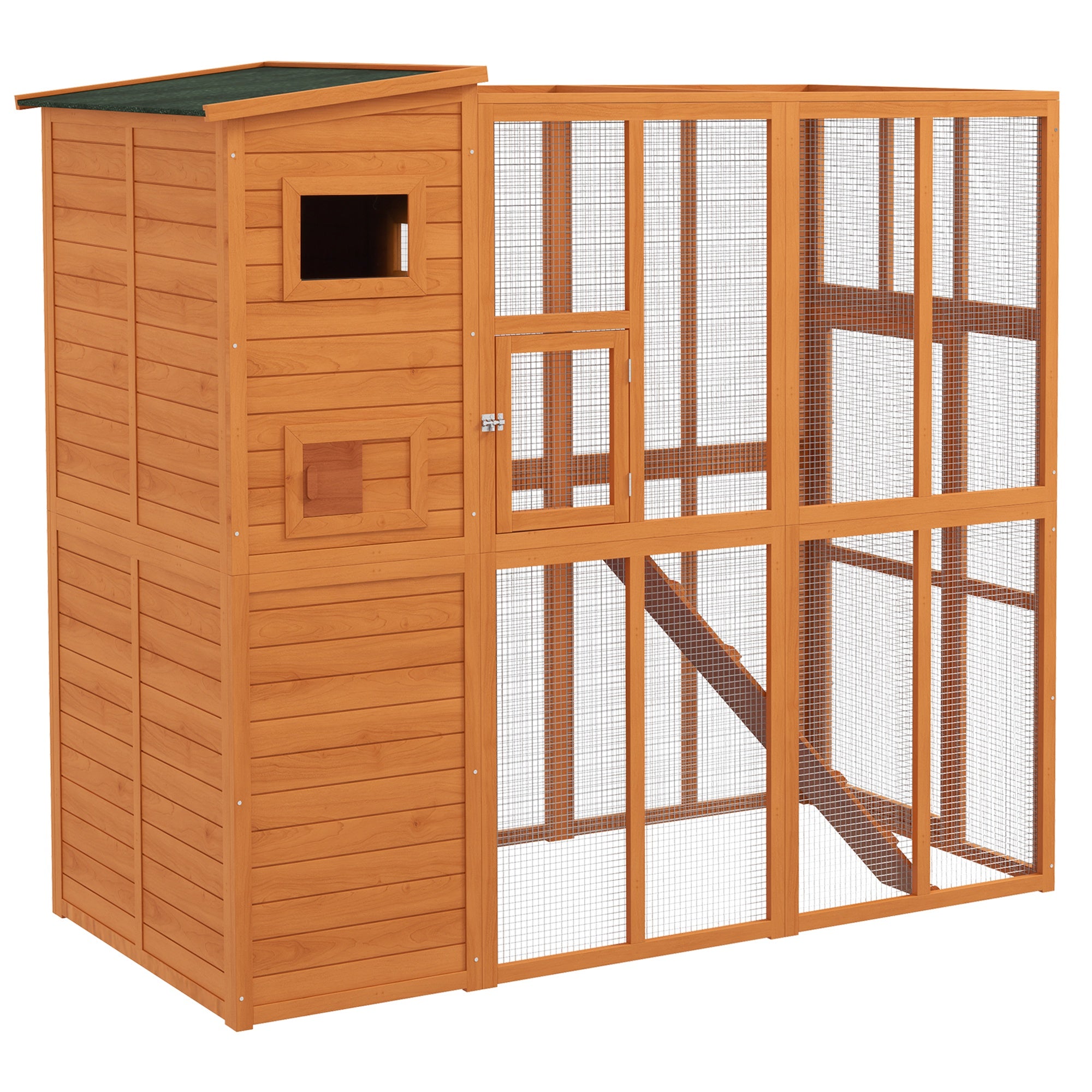 Wooden Outdoor Catio with Platforms, Asphalt Roof, Ramps, Natural - Orange