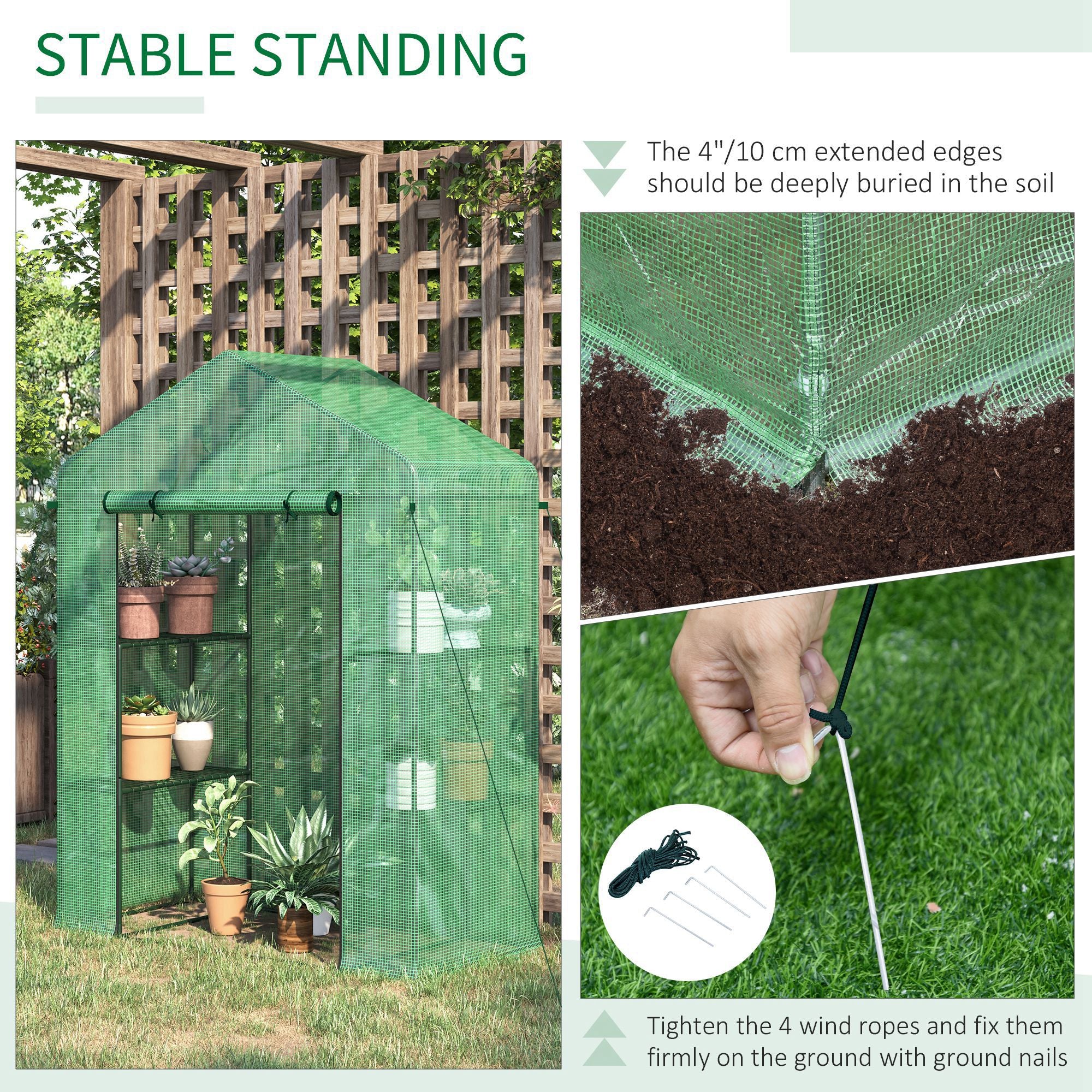 56" x 29" x 77" Walk-in Greenhouse, Garden Hot House with 3 Tier Shleves, Roll-Up Door and PE Cover, Green - Green - Image 5