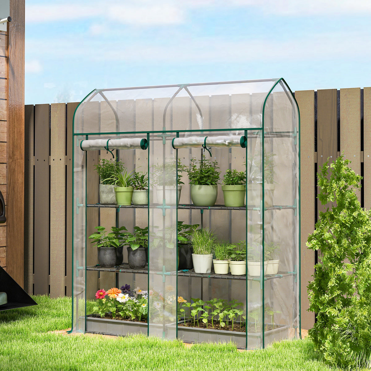 3 Tier Mini Greenhouse, Small Portable Greenhouse with 2 Roll-up Doors, 56.3" x 18.1" x 65", Clear