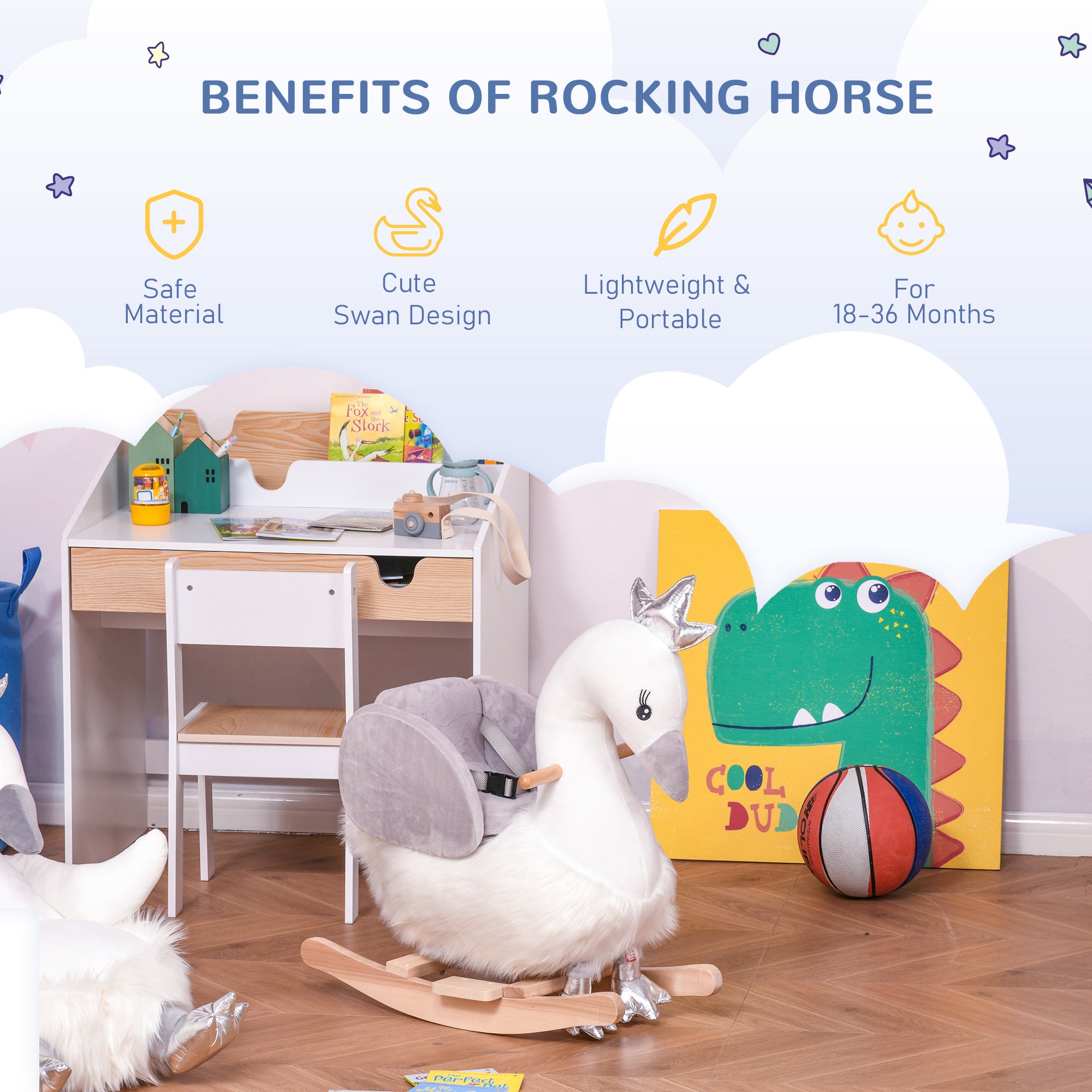 Kids Ride on Horse Swan Rocker with Sound, Plush Seat, Wooden Base, Safety Belt for Toddlers 18-36 Months, White