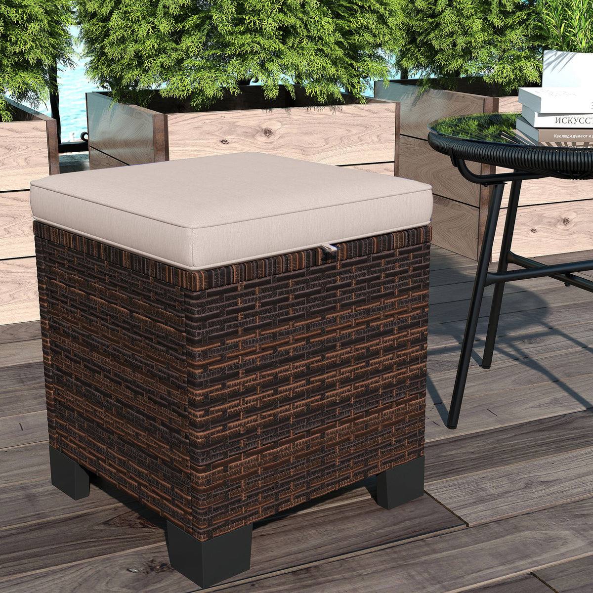 2 Piece Wicker Outdoor Ottomans with Cushions, Rattan Ottoman Footrest and Side Table for Patio, Yard, Poolside, Cream