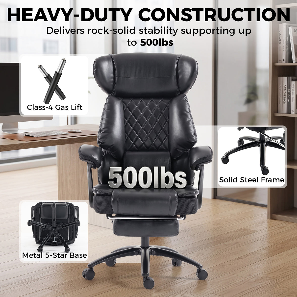 Big and Tall Office Chair with Adjustable Headrest, 500 lbs, Wide Seat, Lumbar Support, Desk Chair, Footrest