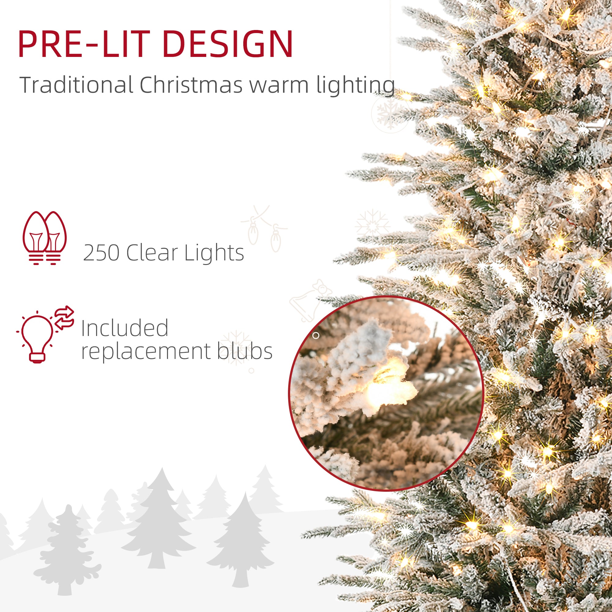 6' Pre Lit Artificial Flocked Christmas Trees, with Snow Branches, Warm Yellow Clear Lights, Auto Open, Extra Bulb