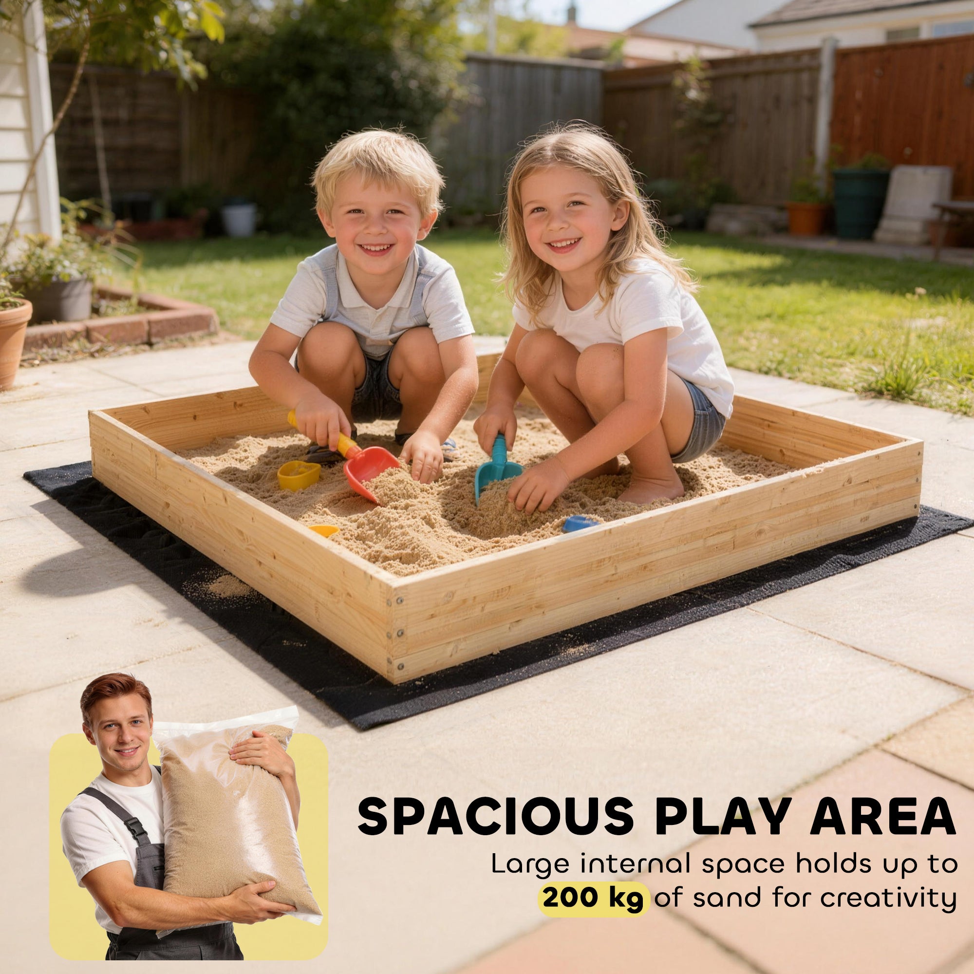 Wooden Sandbox with Digger, Kids Sandbox with 360° Rotating Seat & Bottom Liner, 72" x 35" x 22"