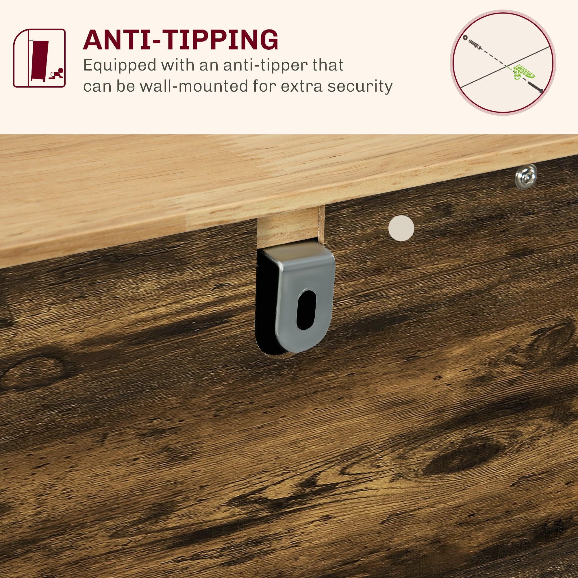 Kitchen Storage Cabinet, Sideboard Floor Cupboard with Solid Wood Top, Adjustable Shelf, and 3 Drawers, Brown