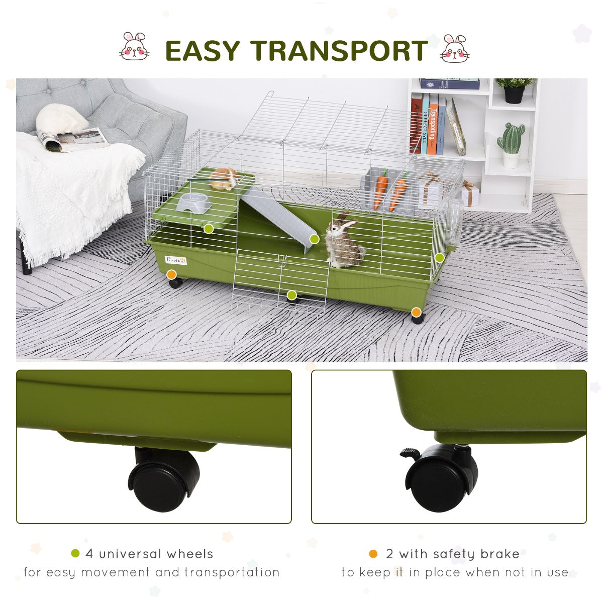 47" Small Animal Cage Chinchilla Guinea Pig Hutch Pet House with Platform Ramp, Food Dish, Wheels, & Water Bottle - Green - Image 5