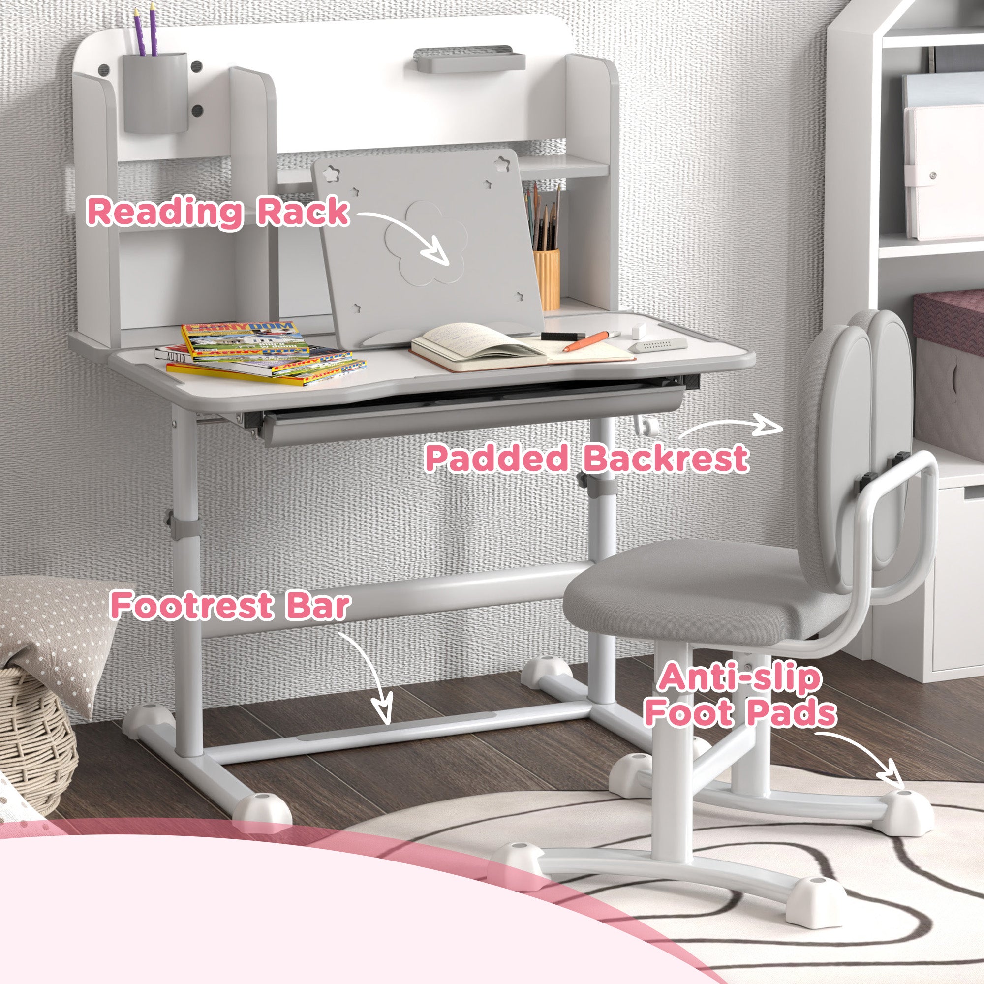 Height Adjustable Kids Desk and Chair Set for Writing Drawing w/ Tilt Desktop, Storage Drawer and Reading Rack, Gray