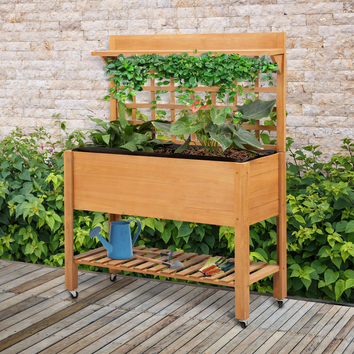 41"x18"x53" Elevated Garden Raised Bed with Shelf and Wheels Solid Wood Planter Flower Herb Boxes for Vegetables Flower Outdoor/Indoor - Brown - Brown - Image 2