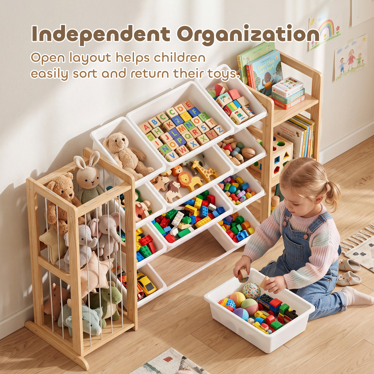 3-in-1 Wooden Toy Storage Organizer with Stuffed Animal Storage, Bookshelf, 12 Bins for Bedroom, Playroom, Nursery