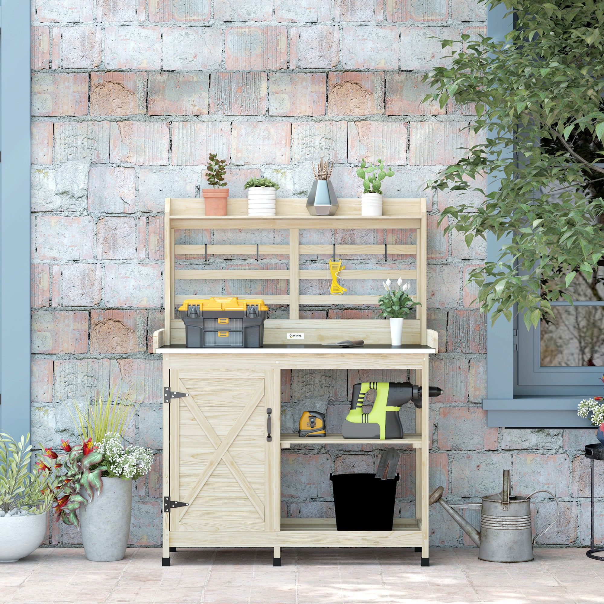 Wooden Potting Bench with Storage, Sink, Water Tap for Backyard, Patio, Balcony, Natural - Natural Wood - Image 7