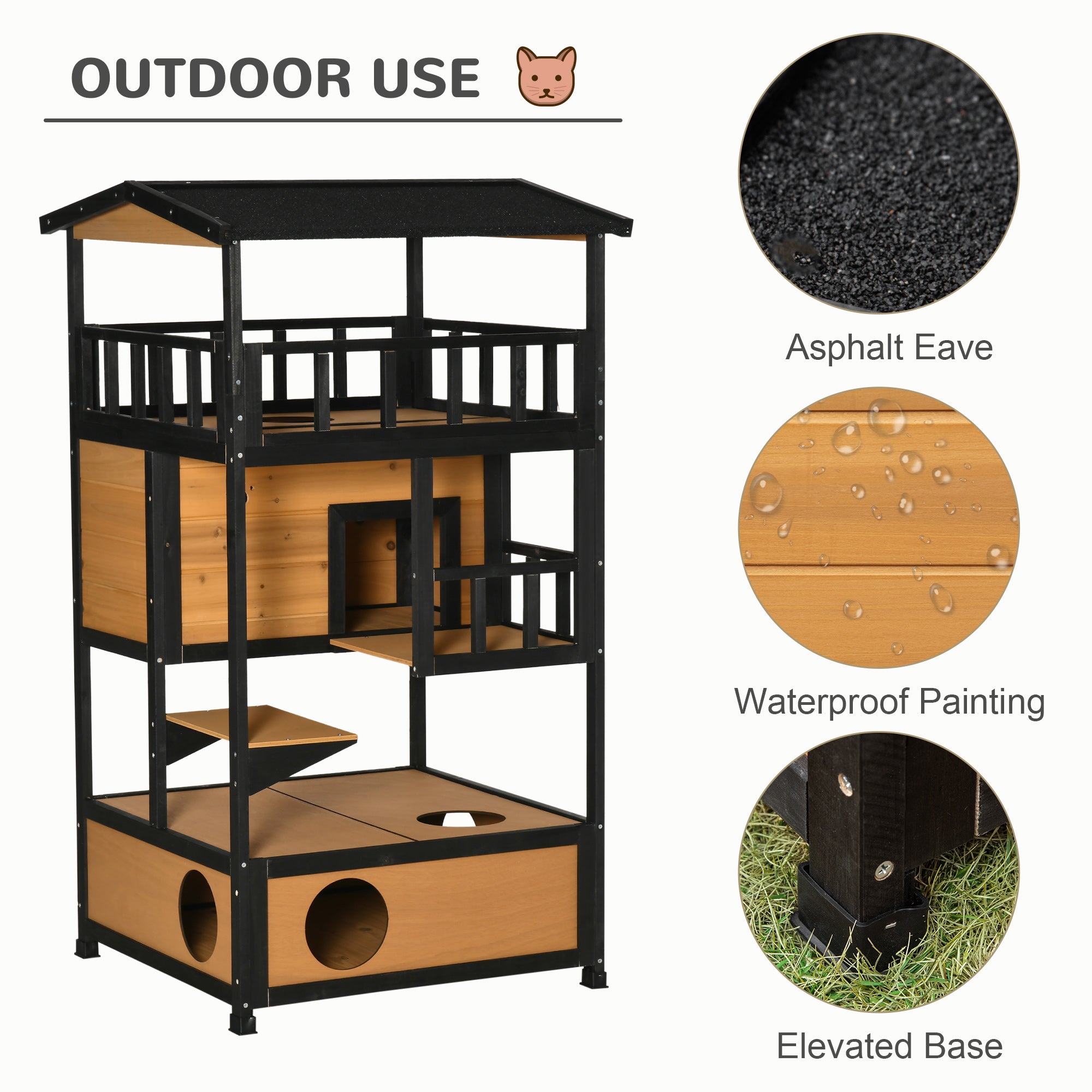 Wooden Outdoor Cat House, Feral Cat Shelter Kitten Condo with Asphalt Roof, Escape Doors, Condo, Jumping Platform, Yellow - Yellow - Image 6