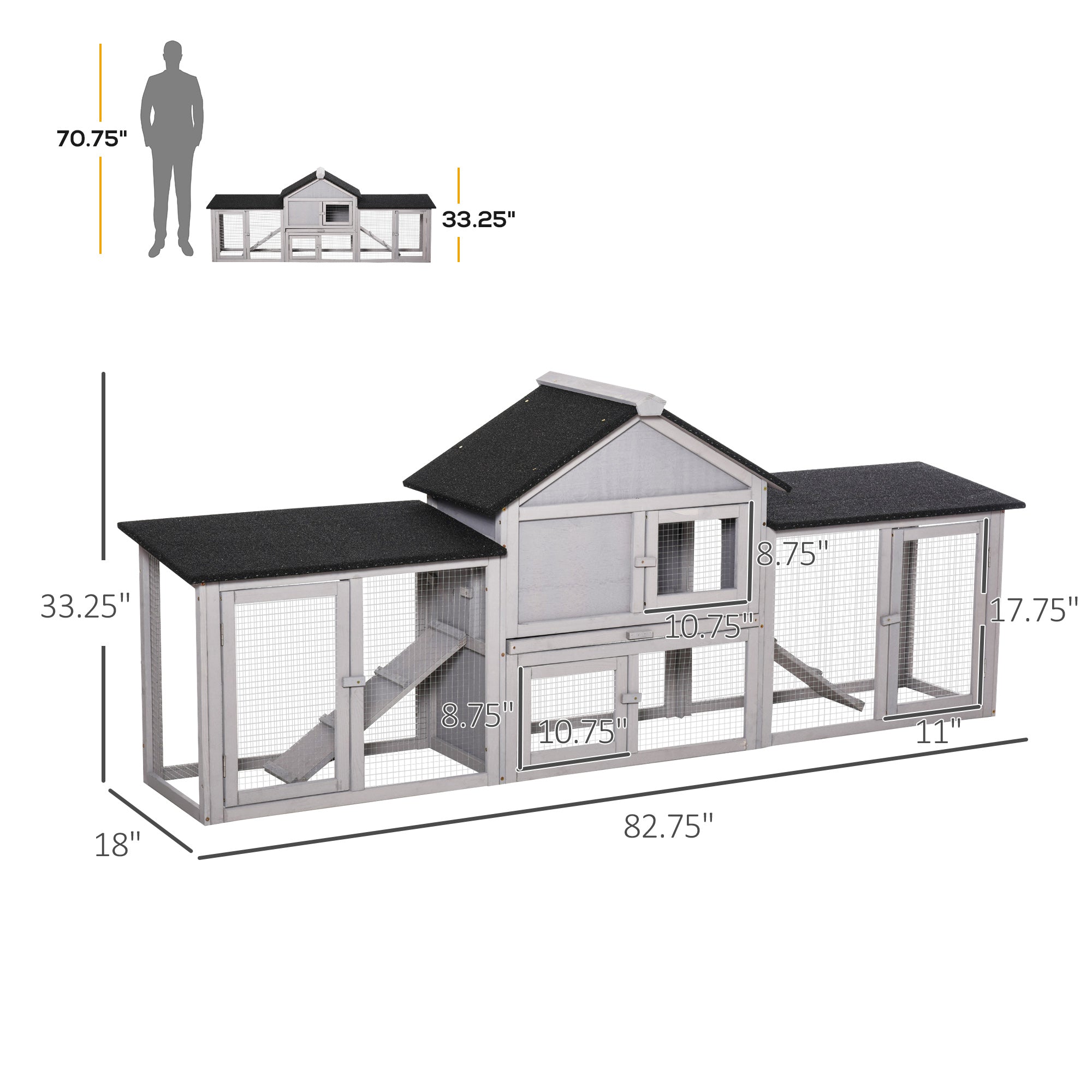 Outdoor Rabbit House 83" 2 Story Deluxe XL Wooden Rabbit Hutch Big Bunny Cage w/ Ladder and Run, Gray - Grey - Image 3