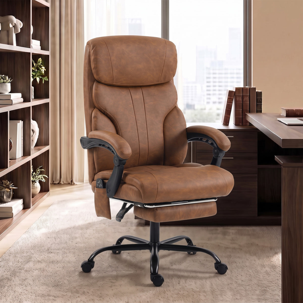 Massage Office Chair Vibration Computer Chair Heated Reclining PU Leather Footrest Height Adjustable Brown