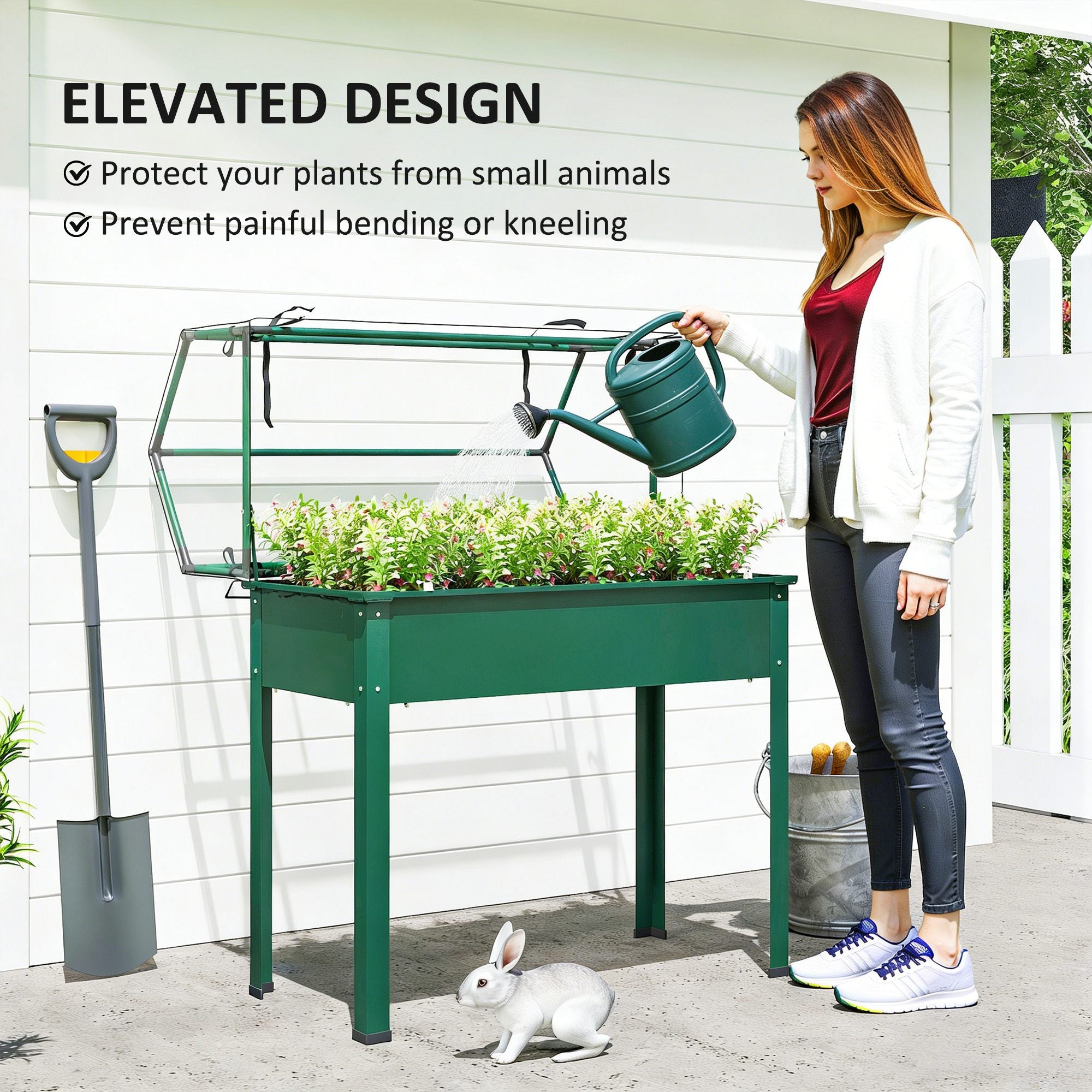 Elevated Garden Box with Greenhouse Cover, Raised Garden Bed with Legs and Drainage Hole for Vegetables, Green - Green - Image 5
