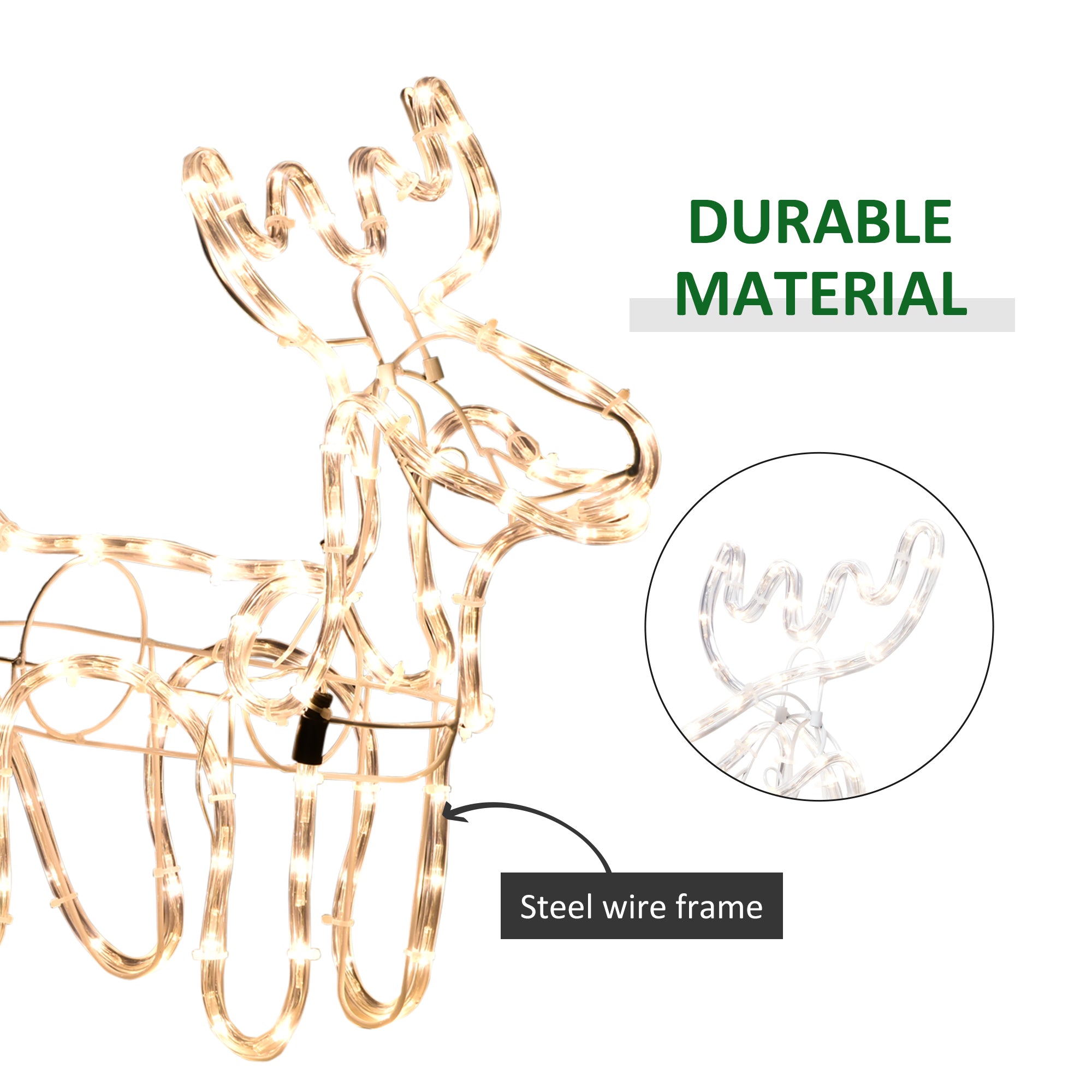 35" Christmas Reindeer and Sleigh with LED Motif Warm White Lighting, Indoor Outdoor Steel Frame Yard Decoration