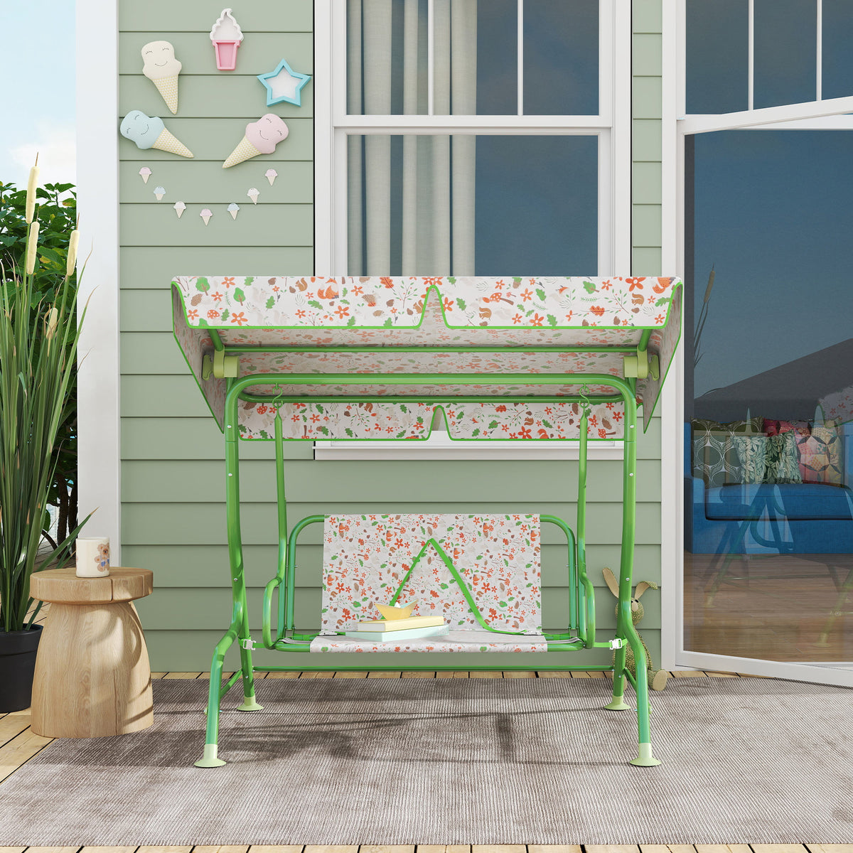 Qaba Kids Patio Swing Chair with Adjustable Canopy, Safety Belt for Patio, Garden, Poolside, Balcony, Green