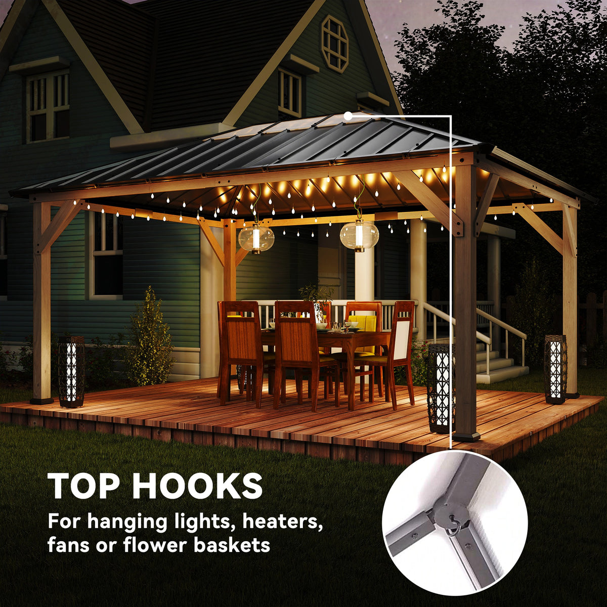 12' x 16' Hardtop Gazebo with Galvanized Steel Roof, UPF50+ Wood Permanent Pavilion with Clear Roof Top, Light Walnut