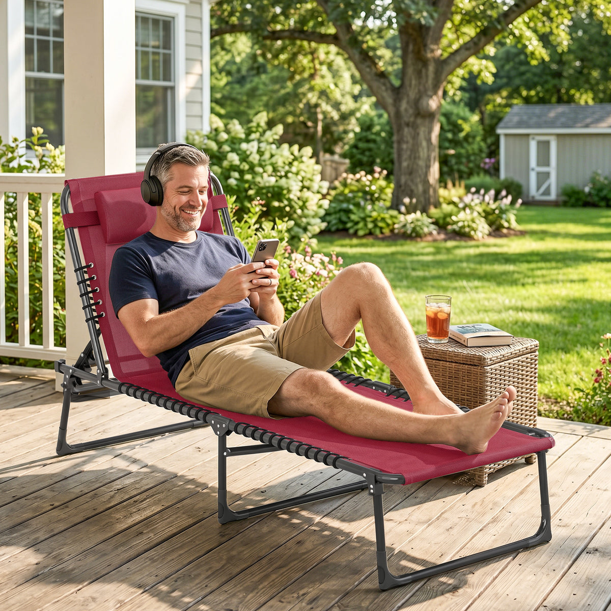 Folding Chaise Lounge Pool Chair with 4-Position Reclining Back, Pillow, Breathable Mesh & Bungee Seat, Wine Red