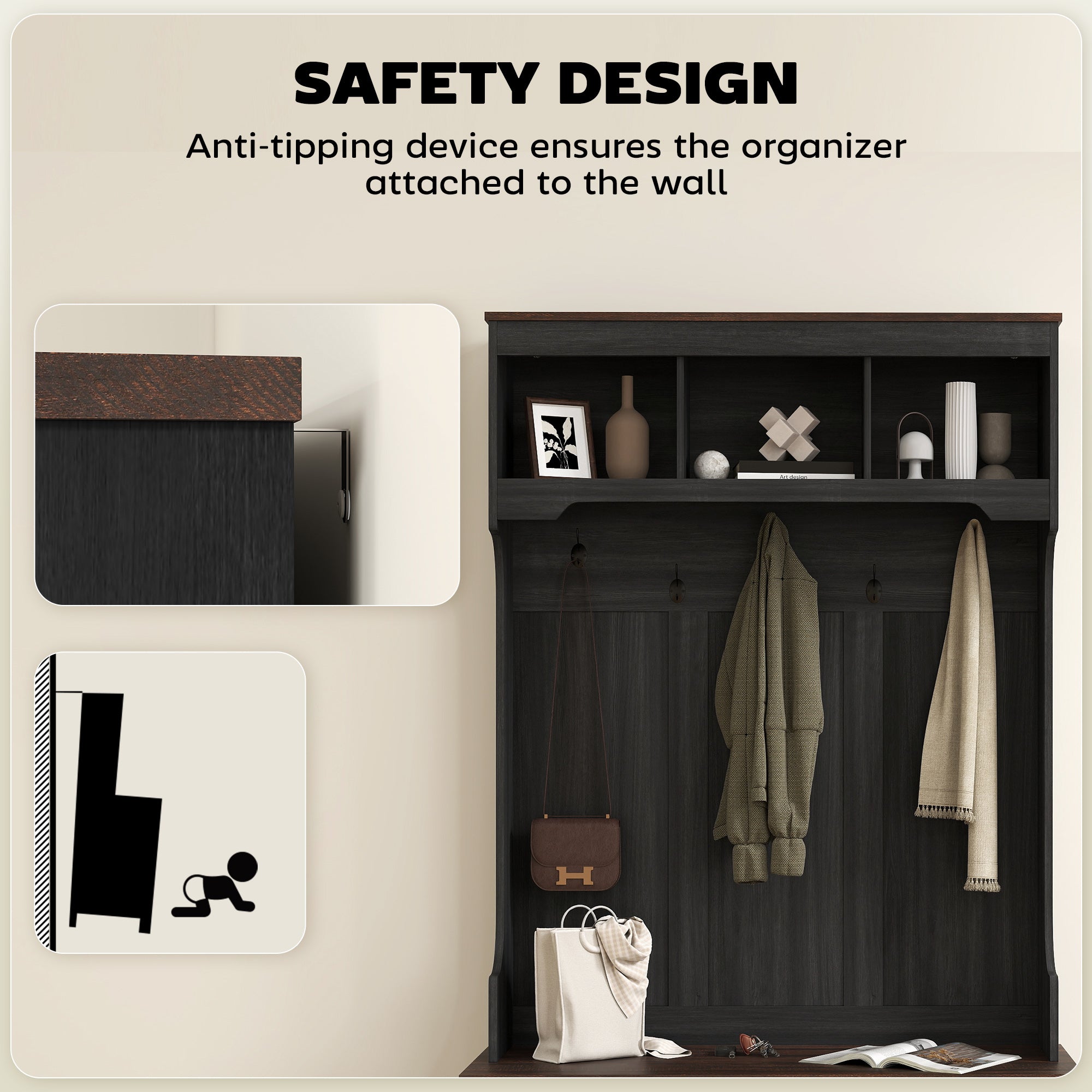 3-in-1 Hall Tree with Shoe Storage, Coat Rack with Bench, Entryway Furniture with Five Hooks, Black Wood Grain