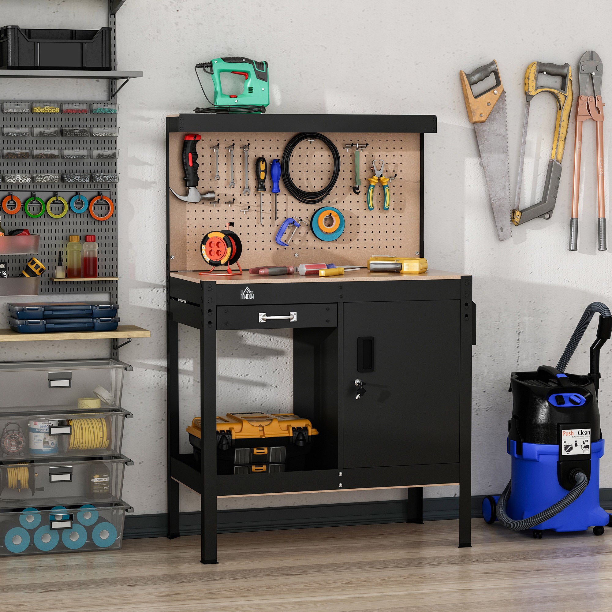 Multipurpose Workbench, Workshop Tool Table with Slide Drawer. Peg Board, Storage Cabinet with Keys