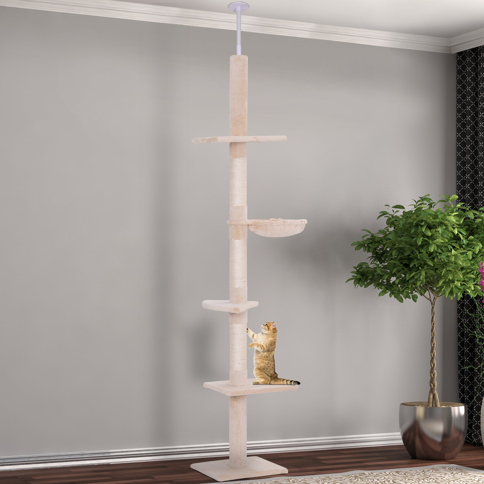 102" Adjustable Height Floor to Ceiling Cat Tree, 5 Level Cat Tower with Scratching Posts, Hammock, Beige - Beige - Image 2