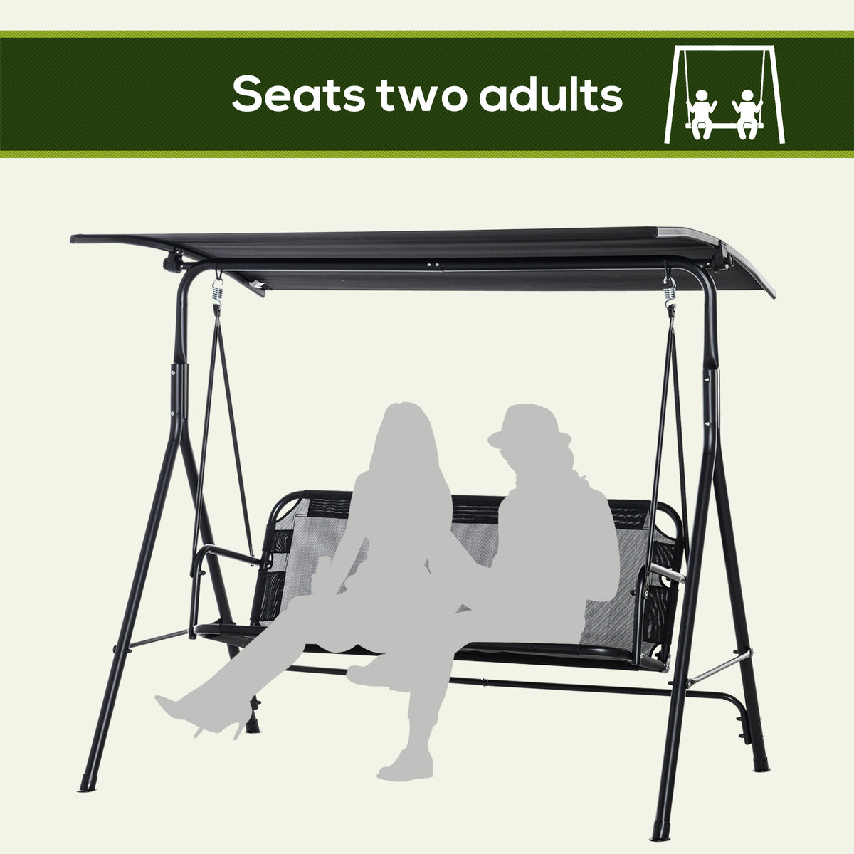 2-Seater Patio Swing Chair, Outdoor Adjustable Canopy Porch Swing with Armrests, Texeline Fabric and Steel Frame, Black