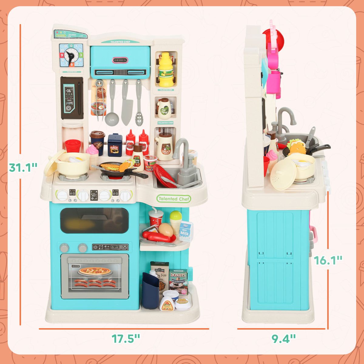 Kids Play Kitchen Toy Set, Chef Pretend Kitchen Playset with Real Lights & Sounds, 92 Pcs Toy Food, Ages 3-6, Green
