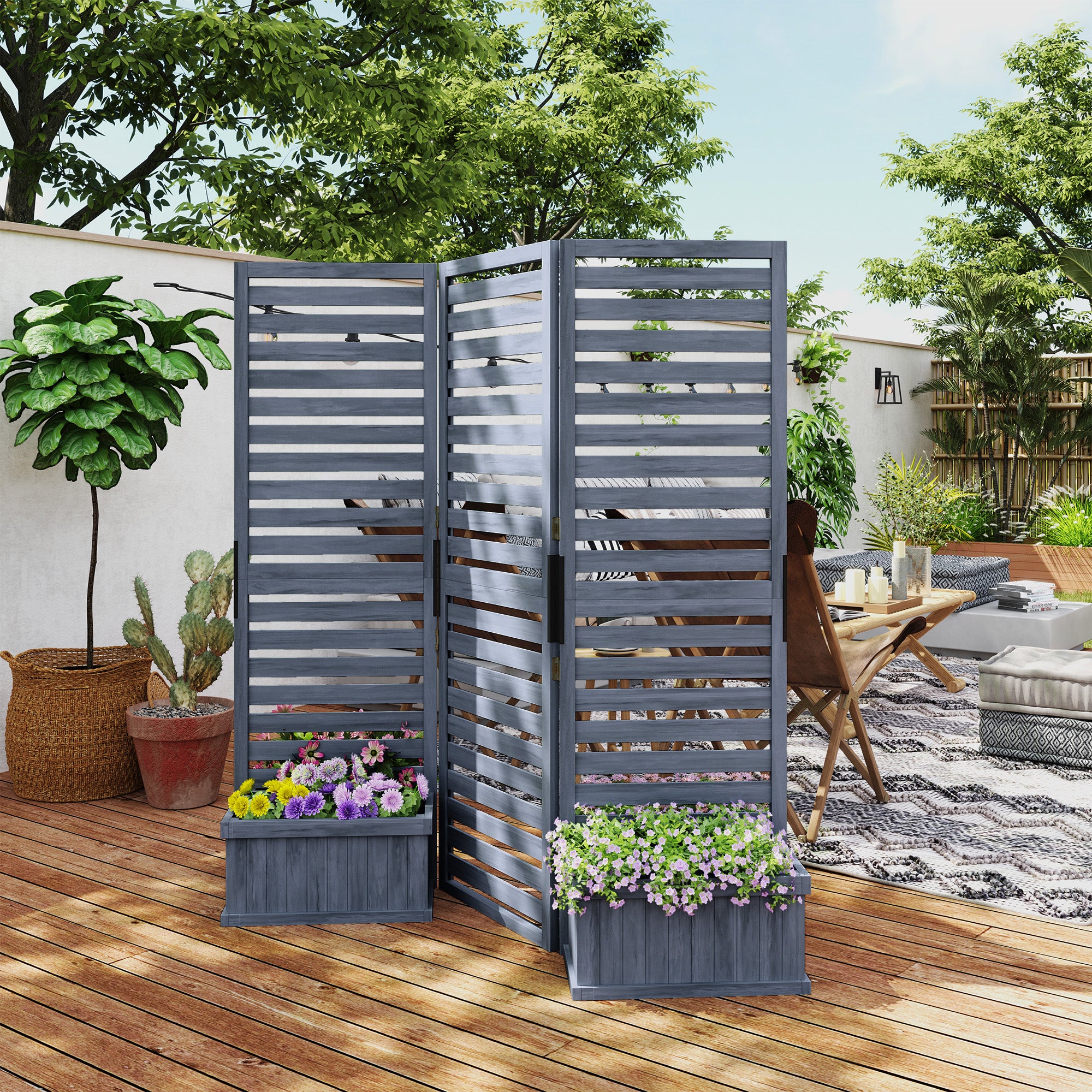 Wood Privacy Screen w/ 4 Planter Box, Raised Bed w/ 3 Panels & Drainage Holes - Gray - Image 2