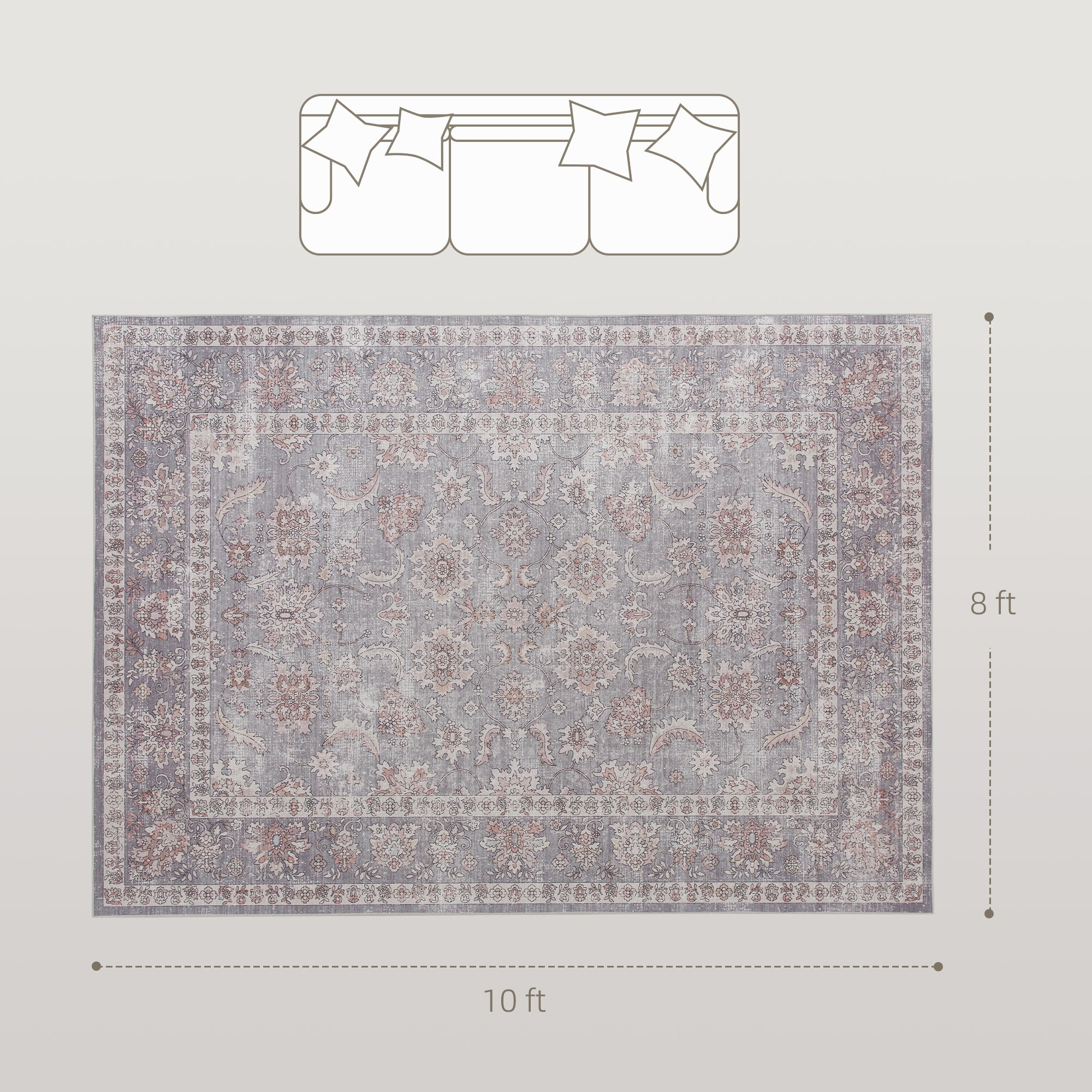 Machine Washable Area Rug 8x10, Non-Slip Traditional Flower Print Floor Carpet for Living Room, Bedroom, Grey and Brown