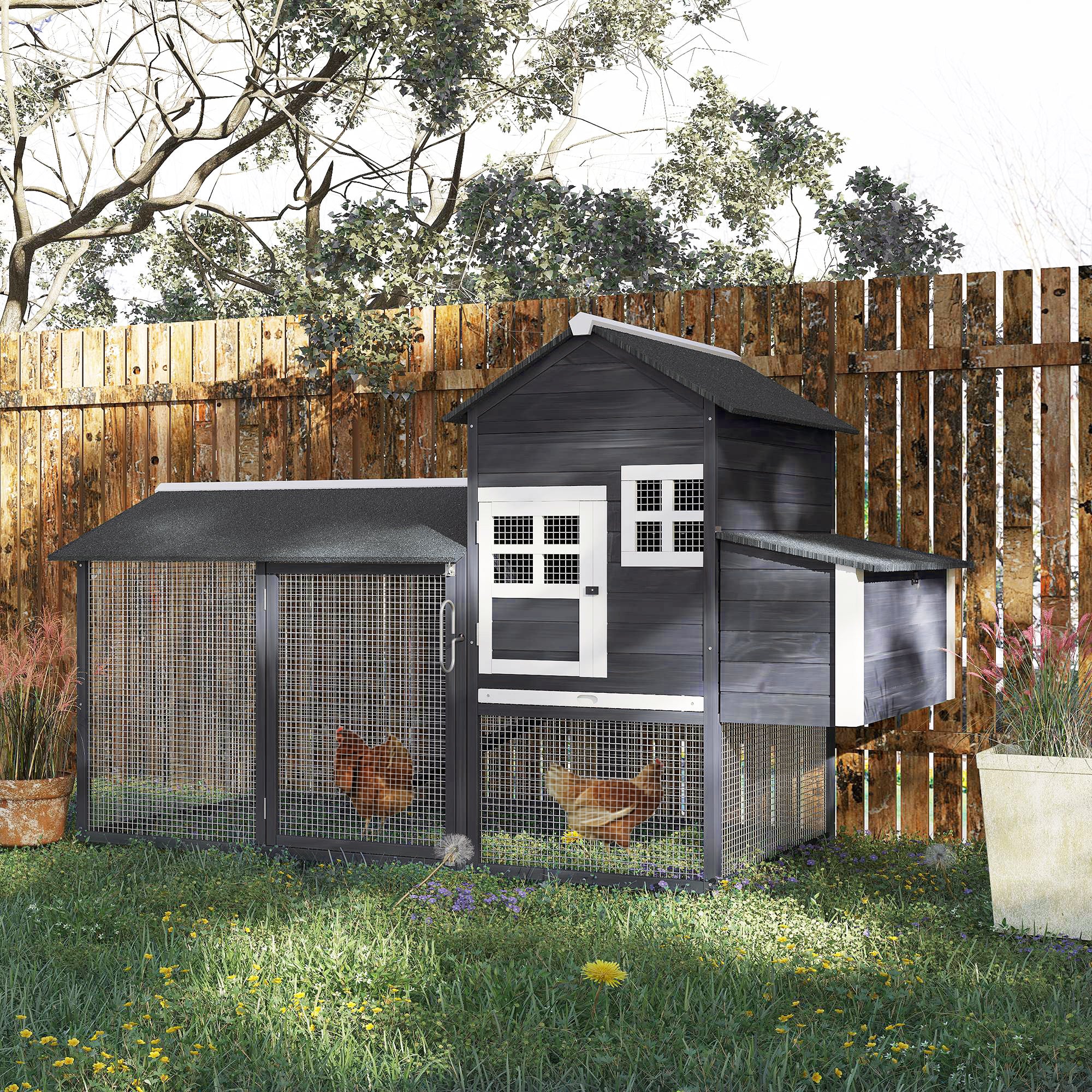 84" Wooden Chicken Coop, Hen House Outdoor with Run Nesting Box, Asphalt Roof, Removable Tray, Ramp, Poultry Cage for 2-3 Chickens, Gray - gray - Image 2