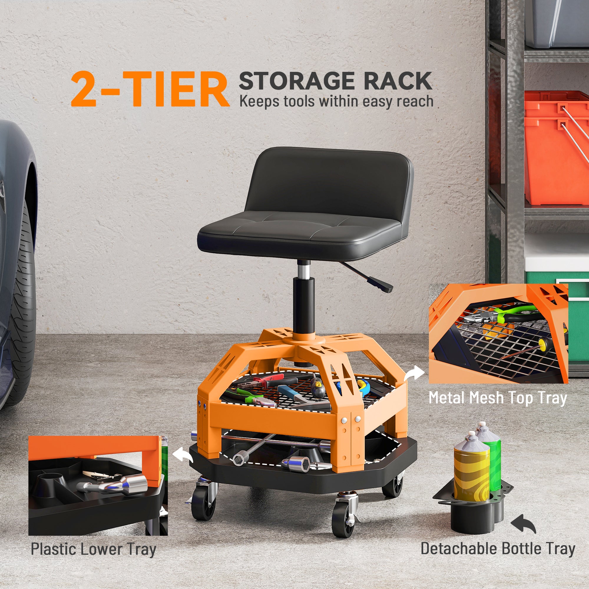 Rolling Creeper Garage Stool, 300 LBS Capacity Mechanic Stool with 360° Wheels, Tool Tray, Adjustable Height, Yellow