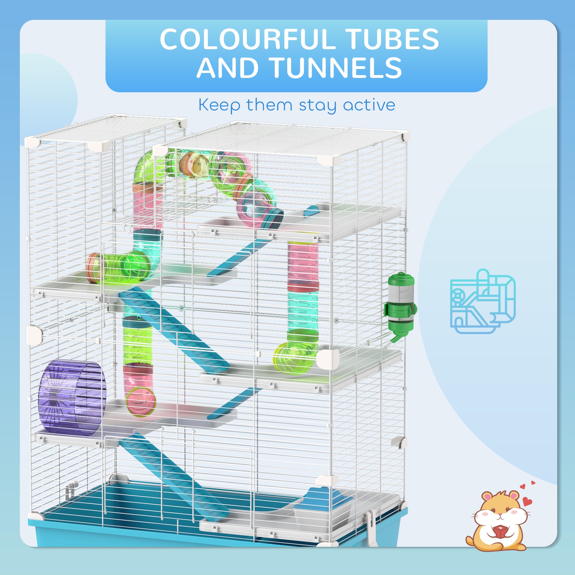 6 Tier Hamster Cage with Tubes and Tunnels, Hut, Wheel, Food Dish, Water Bottle, Ramps, for Dwarf & Gerbil, Light Blue - Light Blue - Image 5