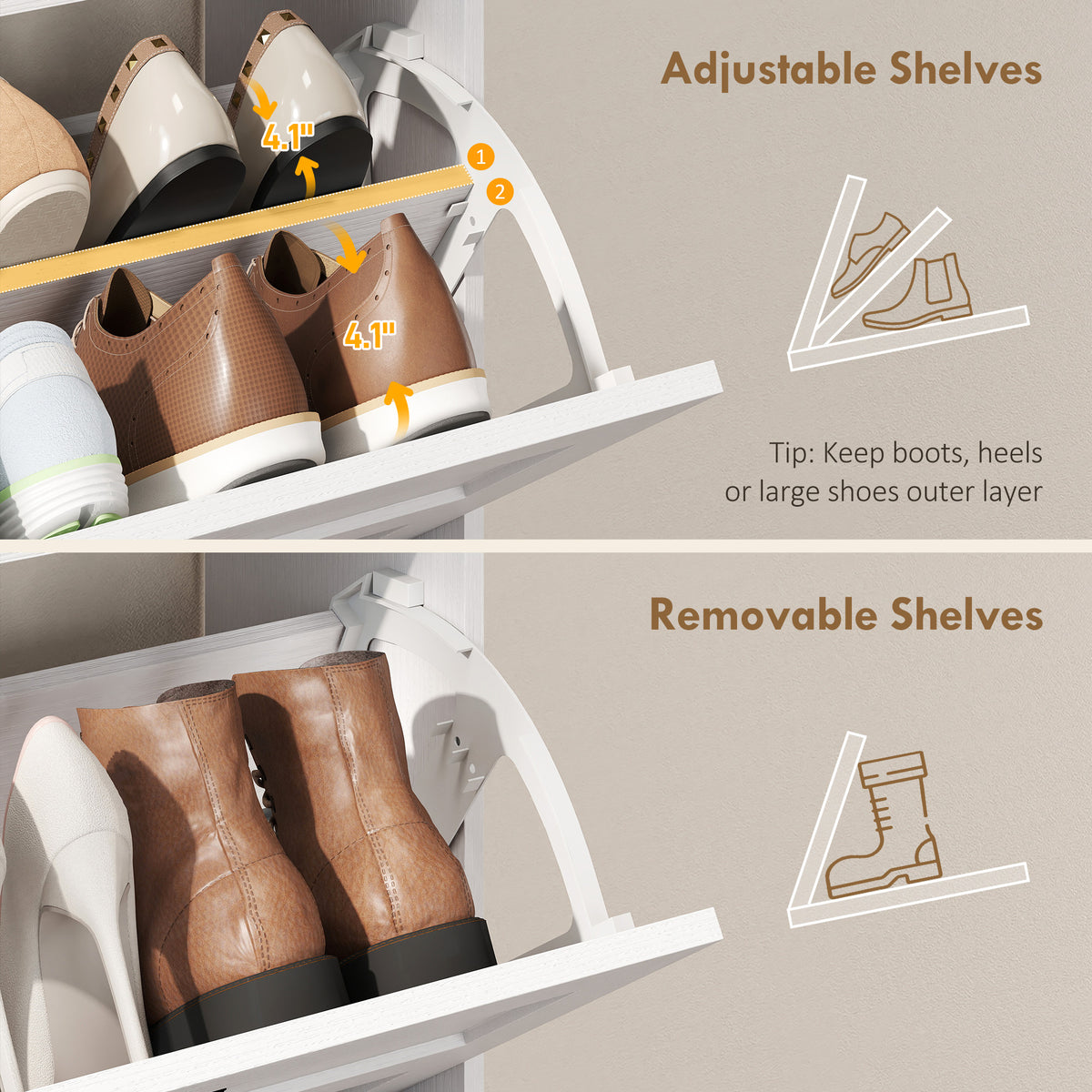 Shoe Cabinet with 2 Flip Drawers, Narrow Shoe Storage Cabinet, White
