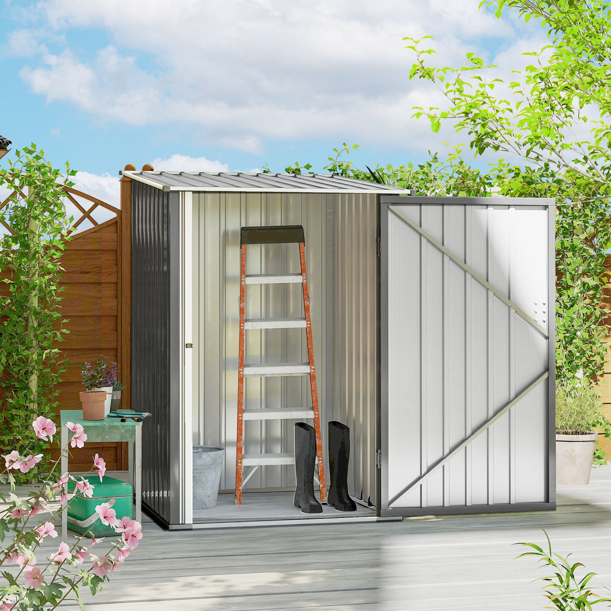 Outdoor 3.3' x 3.4' Lean-to Garden Storage Shed, Galvanized Steel Tool House with Lockable Door for Patio, Gray - Gray - Image 2
