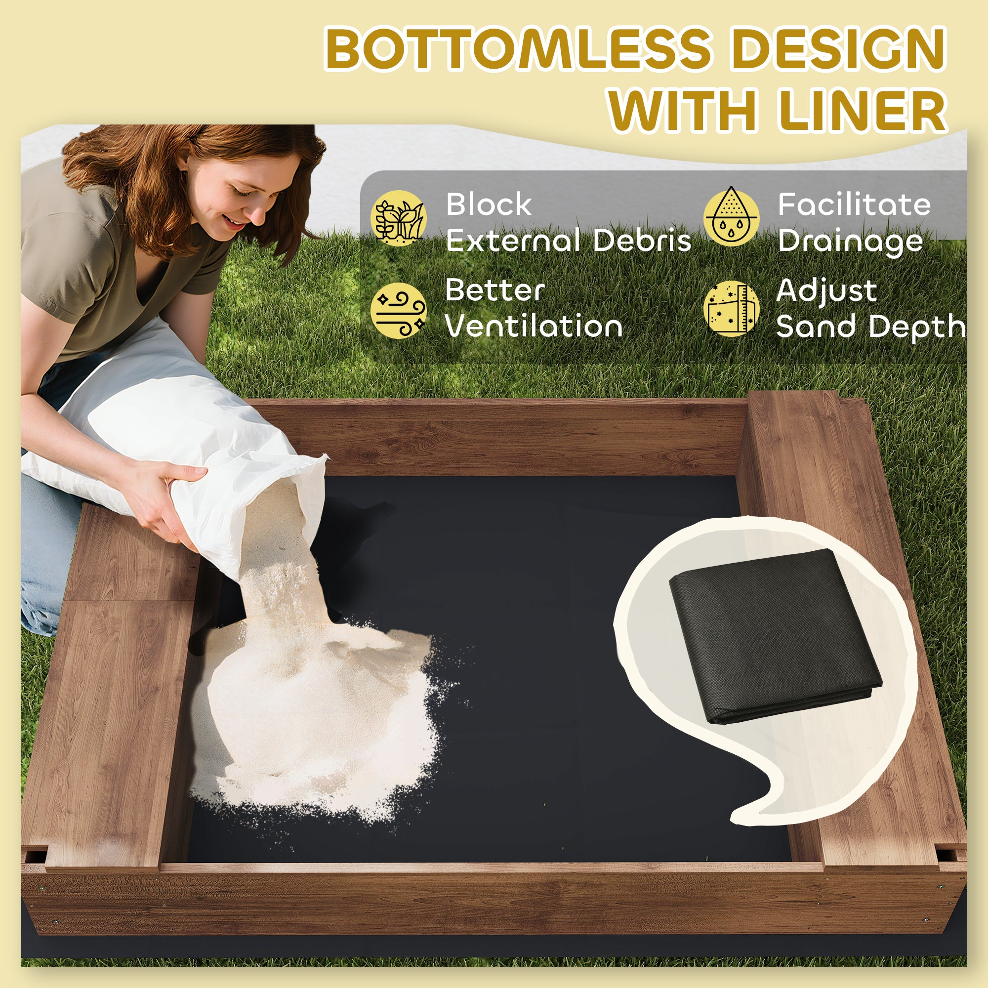 Kids Wooden Sandbox with Canopy Fully Covered, 2 Bench Seats, Bottom Liner, 56" x 40" x 52", Brown